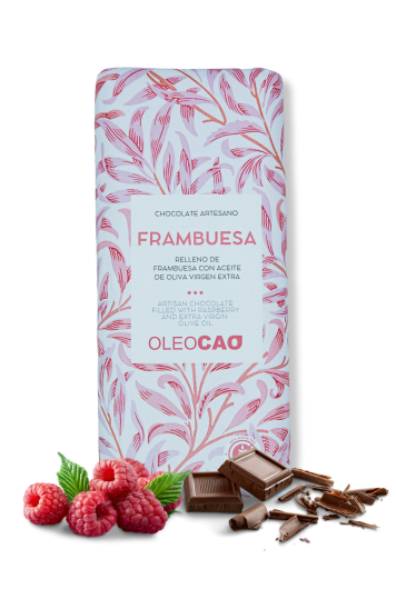 Chocolate negro artesano con AOVE relleno de crema de frambuesa 