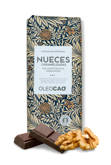 Chocolate negro artesano con AOVE y nueces caramelizadas 